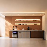 Mostrador de Bar Estilo Árabe para Cafetería con Acabado Caramelo Acanalado y Estante con Cápsulas LED, Juego Completo de Muebles para Cafetería