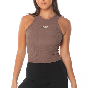 Camiseta sin Mangas de Punto para Mujer, Color Sólido, Cuello Redondo, Estilo Deportivo, Transpirable, con Logotipo Frontal, Marrón - Product Image 1