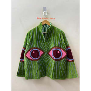 Jungle Women's <b>Corduroy</b> <b>Jacket</b> Stand Collar Full Sleeve Hand Embroidered Evil Eye Pattern Autumn Wear - Product Image 4