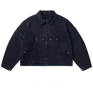 Chaqueta de invierno de lona lavada vintage desgastada para hombre, logotipo personalizado, cuello levantado, doble cremallera, 100% algodón, sarga, ajuste cuadrado, logotipo frontal - Product Image 1