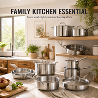 Batterie de cuisine en acier inoxydable avec couvercles et insert vapeur, compatible lave-vaisselle, casseroles et poêles pour la cuisine domestique, OEM ODM Vente en gros