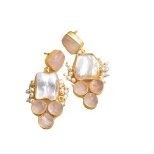 Rose Quartz with Pearl Drop Earrings Indian Manufacturer of Fashion Jewelry Unique Jewellery supplier and Wholesaler pearl studs