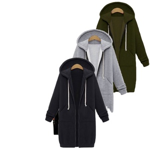 Venta al por mayor de las mujeres Casual sólido bolsillo cremallera con capucha polar túnica sudadera Chaqueta larga encaje cálido Otoño Invierno desgaste - Product Image 1