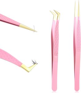 Juego de Pinzas para Pestañas de Acero Inoxidable Rosa con Punta Recta y Curva para Aplicación Precisa de Extensiones de Pestañas, Servicio OEM - Product Image 1