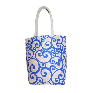 White Base Blue Flower Print Natural Eco-friendly Reusable Burlap Long Women <b>Shopping</b> Ladies <b>Jute</b> Tote <b>Bag</b> with logo - Product Image 4