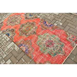 Turkish Accent Rug, 3.3x7 ft Vintage Rug, <b>Red</b> <b>Wool</b> Rug - Product Image 4