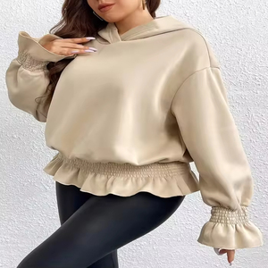 Sweat à capuche pour femme en tissu polaire lourd de haute qualité personnalisé 2026, manches évasées, ourlet à volants, élégant - Product Image 4