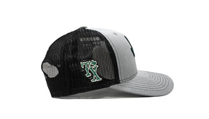 OEM logotipo estructurado forma personalizada 3D logotipo verde Texas gorras hombres camionero sombreros al por mayor gris jaspeado/Negro camionero gorra deportiva - Product Image 3