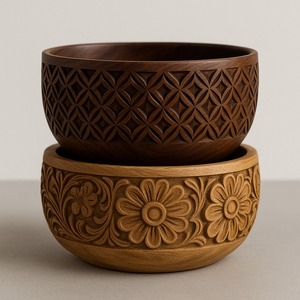 Handmade light wood carved bowl with dotted ring relief design perfect for rustic serving table styling dry decor or gifting use - Product Image 3