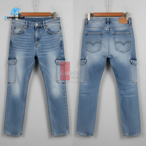 Pantalones Cargo de Mezclilla para Hombre, Jeans con Bolsillos Utilitarios, Estilo Urbano, Corte Ajustado, Mezclilla Resistente de 400 GSM - Product Image 1