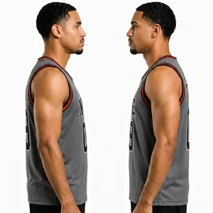 Maillot de basket-ball gris personnalisé pour hommes, col en v, sans manches, impression sublimée, nom numéro 09, coupe régulière, évacuation de l'humidité, 100% - Product Image 5