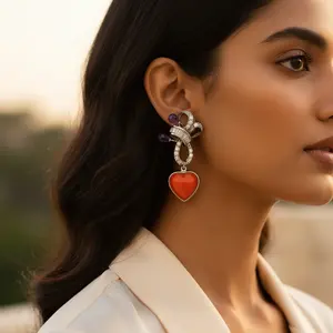 Boucles d'oreilles pendantes tendance en argent avec pendentif en pierres précieuses violettes et rouges et style goutte pour les fêtes avec des pierres en zircon diamant - Product Image 1