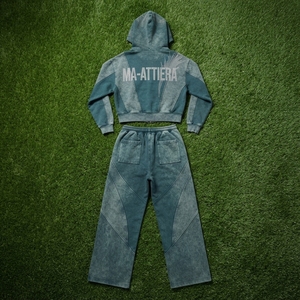 Conjunto de Sudadera Corta con Cremallera y Pantalones Jogger de Pierna Ancha para Mujer, Color Verde Azulado Oscuro, Lavado Ácido, de Algodón y Felpa, Estilo Urbano, OEM al por Mayor - Product Image 6