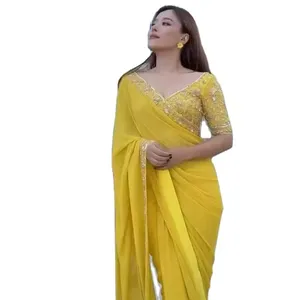 Saree de seda suave amarillo de color de moda hermoso de alta calidad con borde de tejido Jacquard con blusa pesada