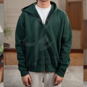 Sweat à capuche unisexe 100% coton à fermeture éclair de haute qualité, coupe grande taille avec motif solide à épaules tombantes et conception à fermeture éclair complète - Product Image 2