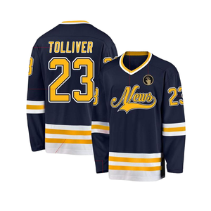 Navy Blue <b>Gold</b> Hockey Jersey Custom Sublimated Team Script V Neck Long Sleeve Personalized Player Name <b>Number</b> Athletic Wear - Product Image 2