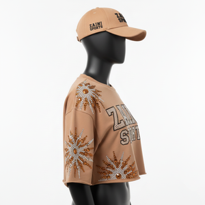 T-shirt court pour femme en coton et polyester de qualité supérieure, 220 GSM, brun camel, toucher doux, logo en strass, chemise pour femme - Product Image 4