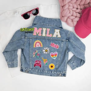 Venta al por mayor de manga larga azul claro lavado ácido chaqueta personalizada bordado parche niños niñas chaquetas de mezclilla - Product Image 3