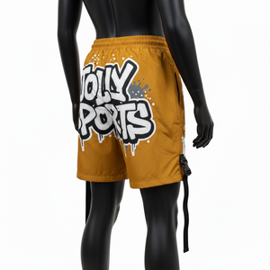 Shorts Premium para Mujer, 220 GSM, Nailon y Spandex, Color Mostaza, Panel de Malla con Parches, Logotipo Personalizado con Serigrafía - Product Image 5