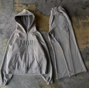 Vente en gros de haute qualité lavage à l'acide Fitness poids lourd hommes deux pièces survêtement Jogging pantalon de survêtement ensemble à capuche survêtements - Product Image 4