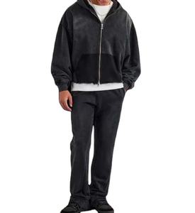 Ensemble de survêtement en molleton délavé à l'acide avec impression personnalisée en relief et impression gonflée, comprenant un sweat-shirt et un pantalon de survêtement en coton délavé pour homme - Product Image 1