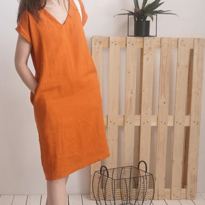 ชุดเดรสผ้าลินินสำหรับผู้หญิงชุดเดรสยาวแขนสั้นผ้าลินินขนาดใหญ่มีกระเป๋าผลิตในเวียดนาม - Product Image 4