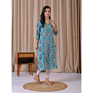 Sea Blue <b>Block</b> <b>Printed</b> Cotton Straight Fit Kurti Indian Ethnic Wear for Ladies and Girls for Special Occasions Stitched Style - Product Image 6