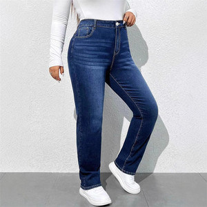 กางเกงยีนส์ทรงตรงสีน้ำเงินเข้มสำหรับผู้หญิงไซส์ใหญ่ ทรงปกติ ผ้ายืด ทรงกระบอกกลาง แบบ OEM ลุคสบายๆ ซักแล้ว ใส่ได้ในฤดูร้อน - Product Image 2