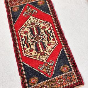 Vintage Rug, 2x4.2 ft Turkish Rug, <b>Red</b> Black Floral <b>Wool</b> Rug - Product Image 2