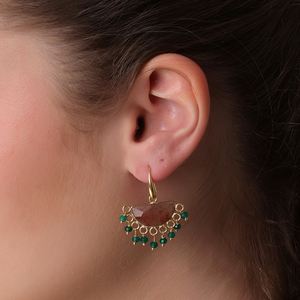 Boucles d'oreilles pendantes tendance en gros avec pierres précieuses : Quartz Fraise et Jade Vert |   Bijoux pour femmes en laiton plaqué or 18 carats faits à la main - Product Image 5