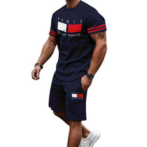 Camiseta de verano informal para hombre, conjunto corto, estampado de letras personalizado, tejido de punto cómodo, cuello redondo, camiseta de manga corta para adultos - Product Image 1