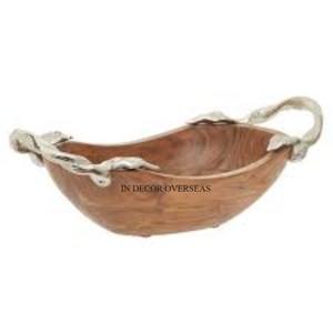 Tazón de servicio hecho de madera de calidad lujosa de diseñador de arte creativo moderno con suministros de manijas únicas de Metal pulido brillante plateado - Product Image 1