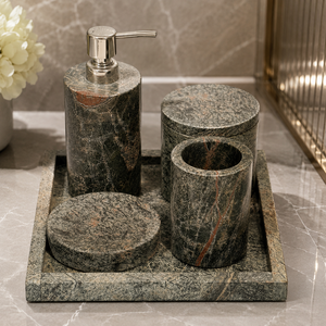Wholesale Green Marble <b>Bathroom</b> <b>Accessories</b> <b>Set</b> Soap Dispenser Tumbler Jar Soap Dish Tray - Product Image 1