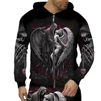 Ensemble de survêtement pour homme, imprimé crâne d'ange, grande taille, sweat à capuche noir et pantalon, hiver, poids lourd, 100% coton, écologique, antibactérien