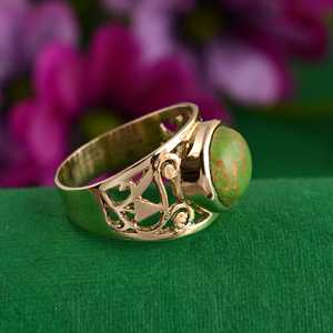 แหวนพลอยเทอร์ควอยซ์สีเขียวธรรมชาติขายดีที่สุดในทองเหลืองแข็งพร้อมเงินสเตอริงและชุบทองโดย OEM รับโลโก้ฟรี - Product Image 2