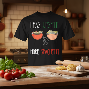 Camiseta de Pasta Italiana, Comida Italiana, Espaguetis, Producto Promocional con la Frase: Menos Enojo, Más Espaguetis - Product Image 3