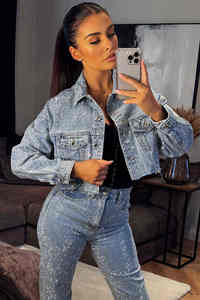 แจ็กเก็ตยีนส์ประดับพลอยเทียมสีฟ้าอ่อนสำหรับผู้หญิงแขนยาวออกแบบมาสำหรับทุกฤดูกาล - Product Image 4