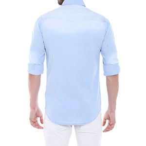 เสื้อเชิ้ตยีนส์ทรงเข้ารูปสีน้ำเงินสำหรับผู้ชาย ผ้าฝ้าย 100% สวมใส่สบาย สไตล์คลาสสิก ล้างสีคราม เสื้อเชิ้ตลำลอง - Product Image 4