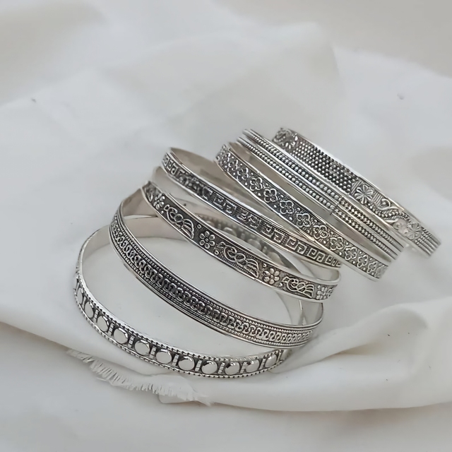 Hot Selling 925 Sterling Silver 7 Of Set Design Vintage Texture Handmade Bangle Bracelet For Women Fashion Jewelry Wholesale