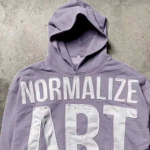 Sweat à capuche en coton éponge lourd imprimé de logo personnalisé sans ficelles Patchwork ourlet brut sweat à capuche court pour hommes - Product Image 3