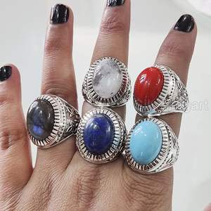 Anillo de Plata de Ley 925 con Piedras Preciosas Naturales de Labradorita, Turquesa, Granate, Lapislázuli y Cuarzo, Joyería Árabe para Hombre, Venta al por Mayor - Product Image 4