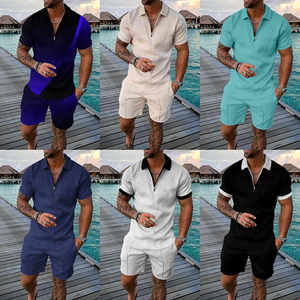 Tenue de jogging à fermeture éclair pour homme taille américaine ensemble short de survêtement polo décontracté à manches courtes short respirant délavé deux pièces - Product Image 3