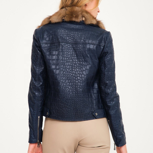 Chaqueta de Motociclista Unisex Azul Marino de Piel de Vaca Repujada con Cuello Redondo y Bolsillos con Cremallera, Impermeable y Ecológica - Product Image 6