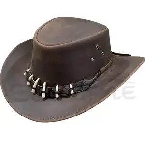 Western Leather Hats For Men Unique Crocodile Hatband Animal Teeth Cowboy Style Adjustable String XL Outdoor Unisex Leather Hats