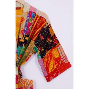 Vintage bengalí Gudri túnicas viejo Kantha edredón Kimono hecho a mano chaqueta de invierno abrigo impreso tela de gamuza Material - Product Image 6
