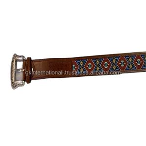 Customized Handmade Single Layer <b>Western</b> Leather Tooled <b>Belt</b> Multicolored Beaded Strap Inlay Basket Embossed with Antique Buckle - Product Image 1