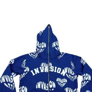 เสื้อมีฮู้ดแบบซิปรูดผ้าขนแกะสีน้ำเงินออกแบบลายกรดซักได้เองพร้อมพิมพ์โลโก้พัฟทั่ว - Product Image 4