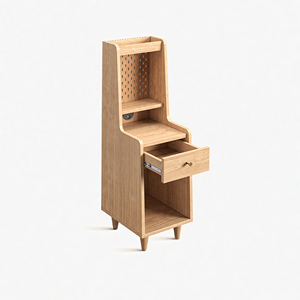 Mid-Century Modern Bedside Table with Pegboard Storage, Multifunctional Nightstand with <b>Drawer</b> and Open Shelf for <b>Small</b> Bedroom - Product Image 1