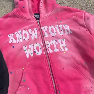 Sudadera con capucha para hombre con cremallera y diamantes de imitación personalizada con serigrafía vintage lavada con ácido de diseño de salpicaduras de pintura elegante OEM - Product Image 5