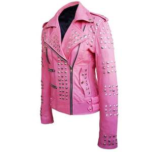 แจ็กเก็ตหนังแท้ของผู้หญิงแจ็กเก็ตหนังแท้ลายไอน้ำประดับหมุดสีเงินออกแบบได้ตามต้องการ - Product Image 4